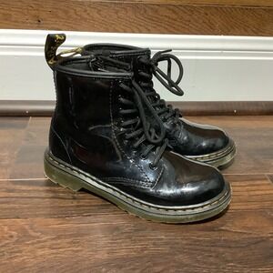 Dr. Martens 1460 J Kids Black Patent Leather Lace Up Zip Combat Boots Size 1 US
